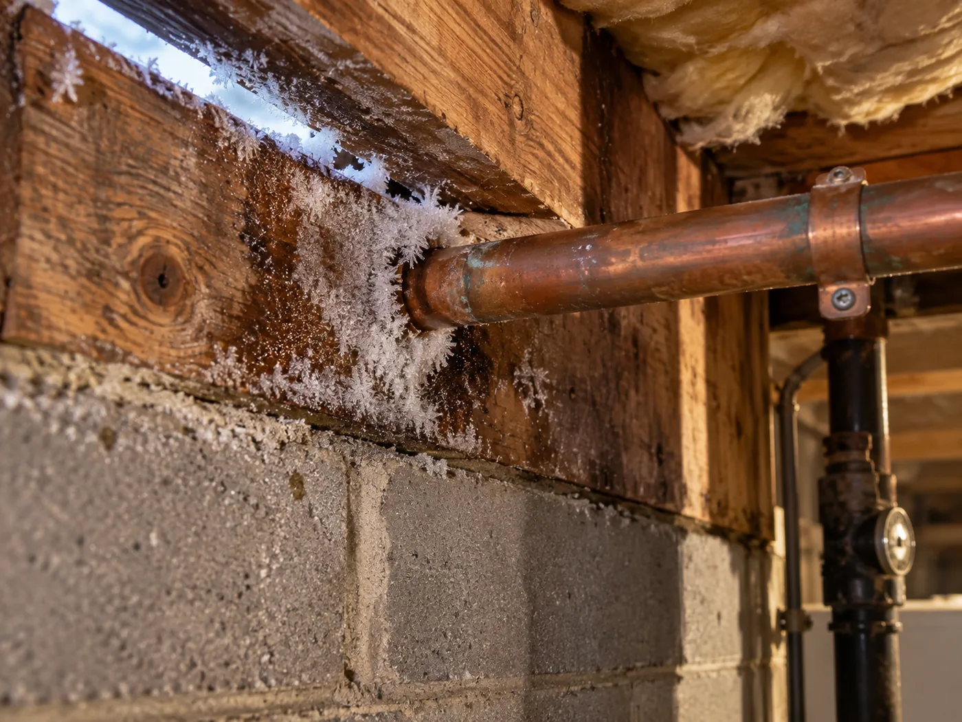 Frost forming on the inside of a rim joist
