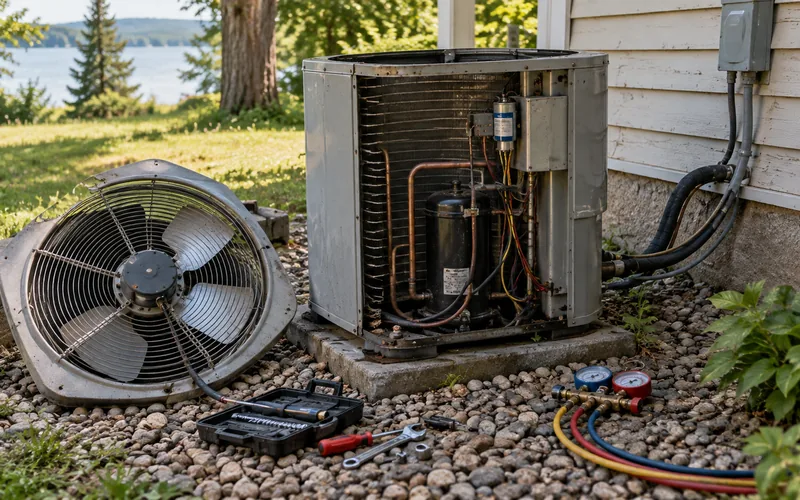Central air conditioner being serviced