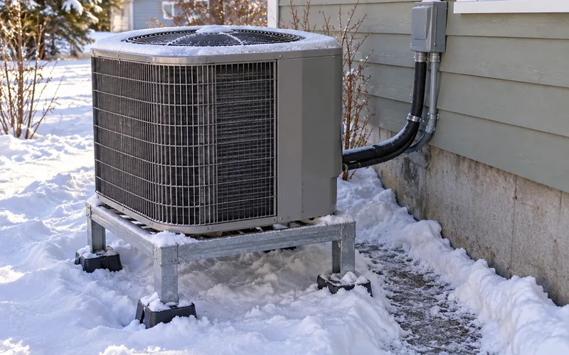 Cold-climate heat pump outdoor unit on a snow covered pad