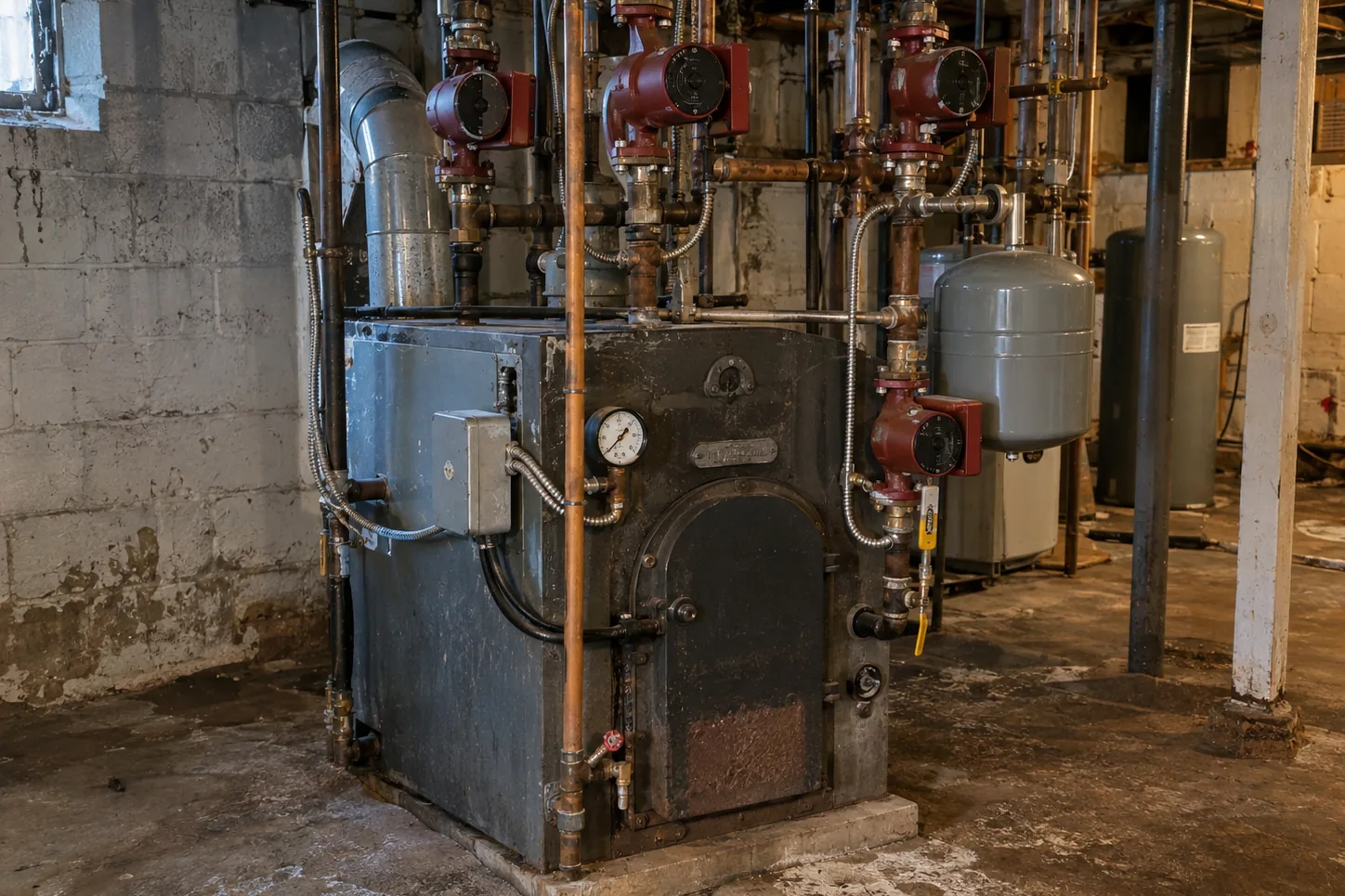 Cast iron boiler and copper mains in a basement