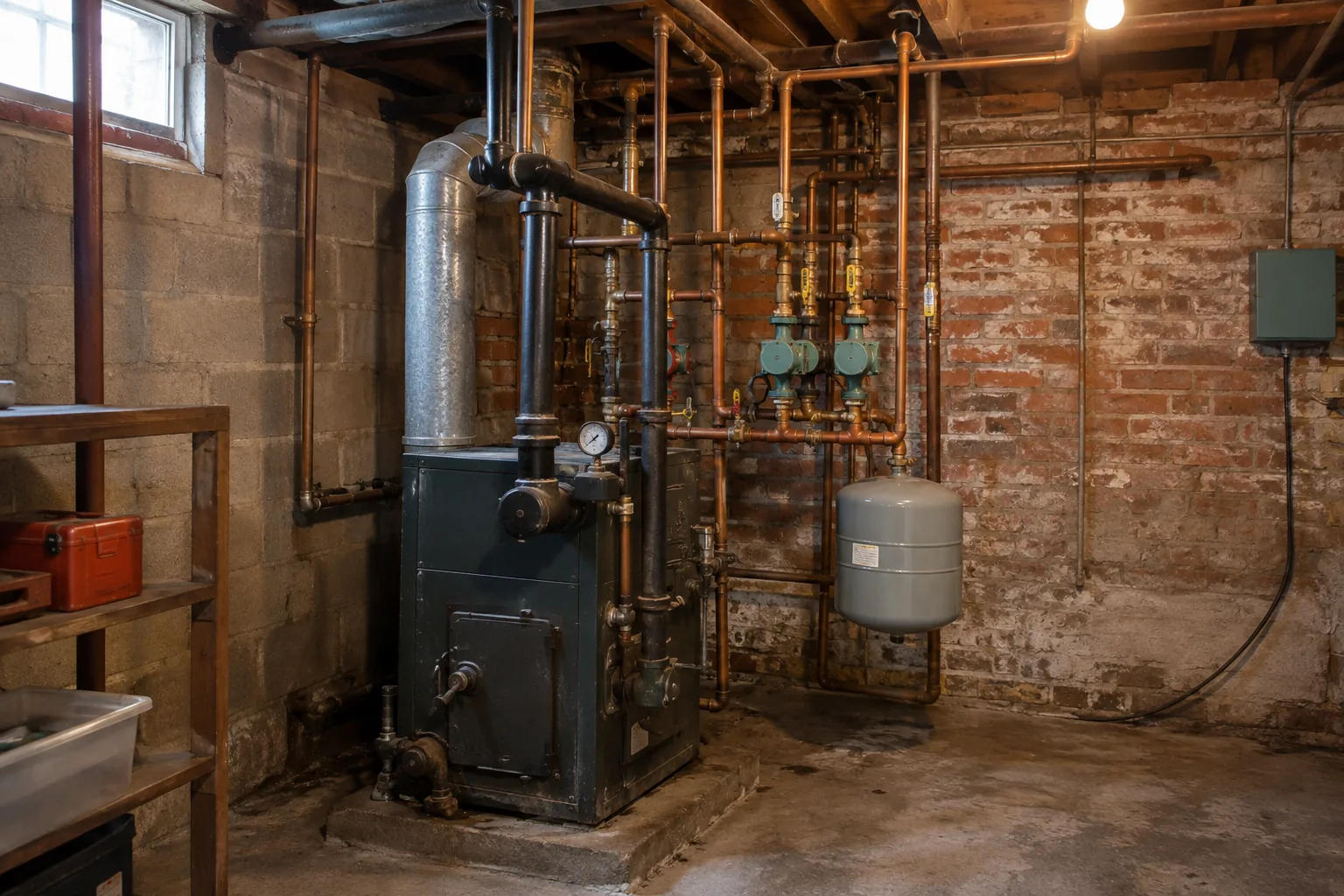 Cast iron boiler and copper mains in a basement