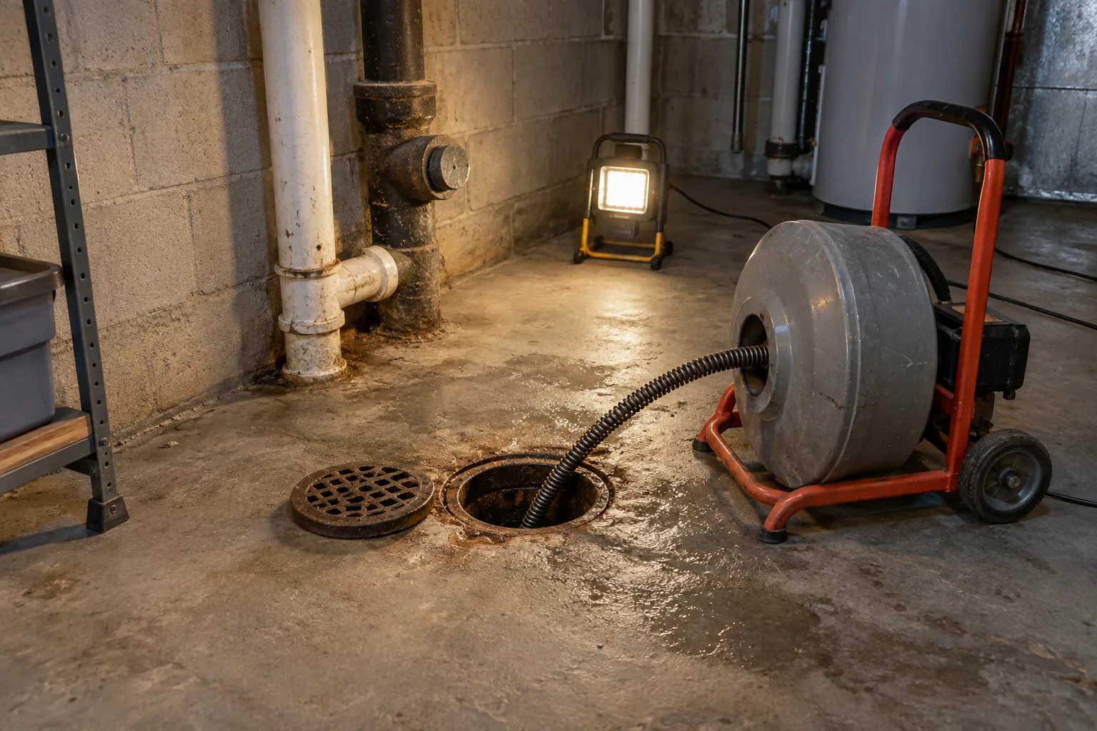 Floor drain and cleanout in a block wall basement