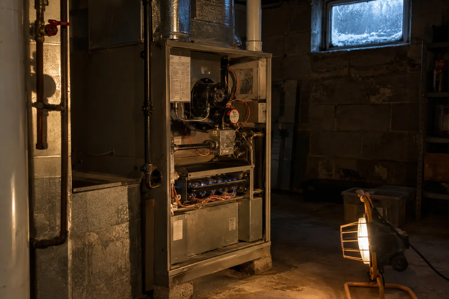 Mechanical room lit by a work lamp during an after-hours call