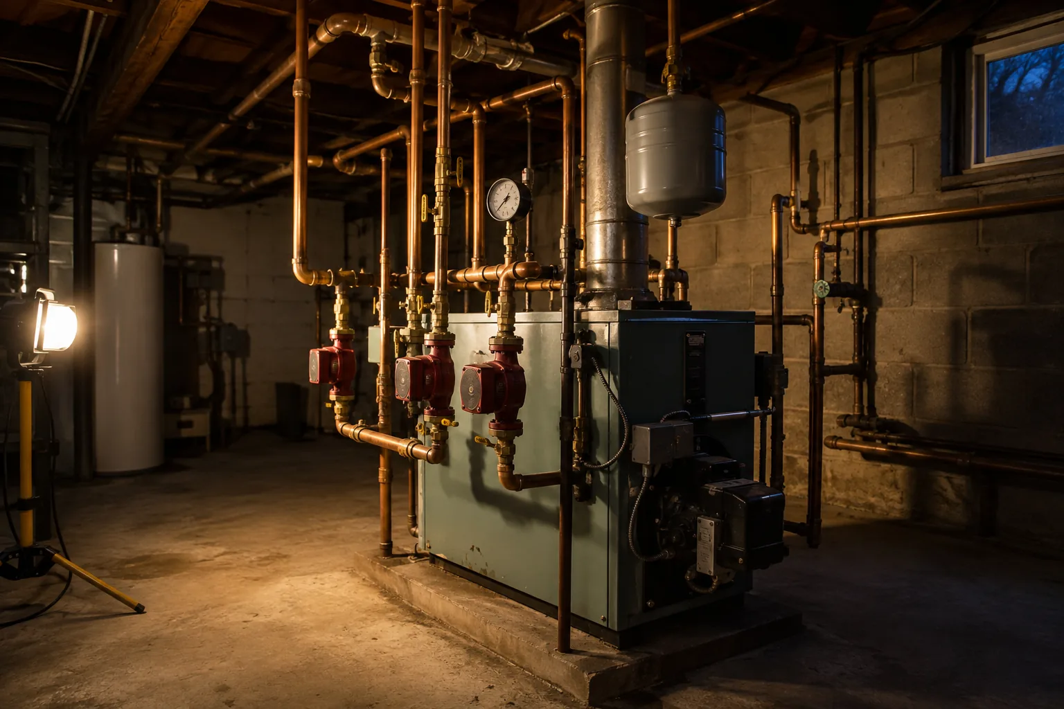 Mechanical room lit by a work lamp during an after-hours call