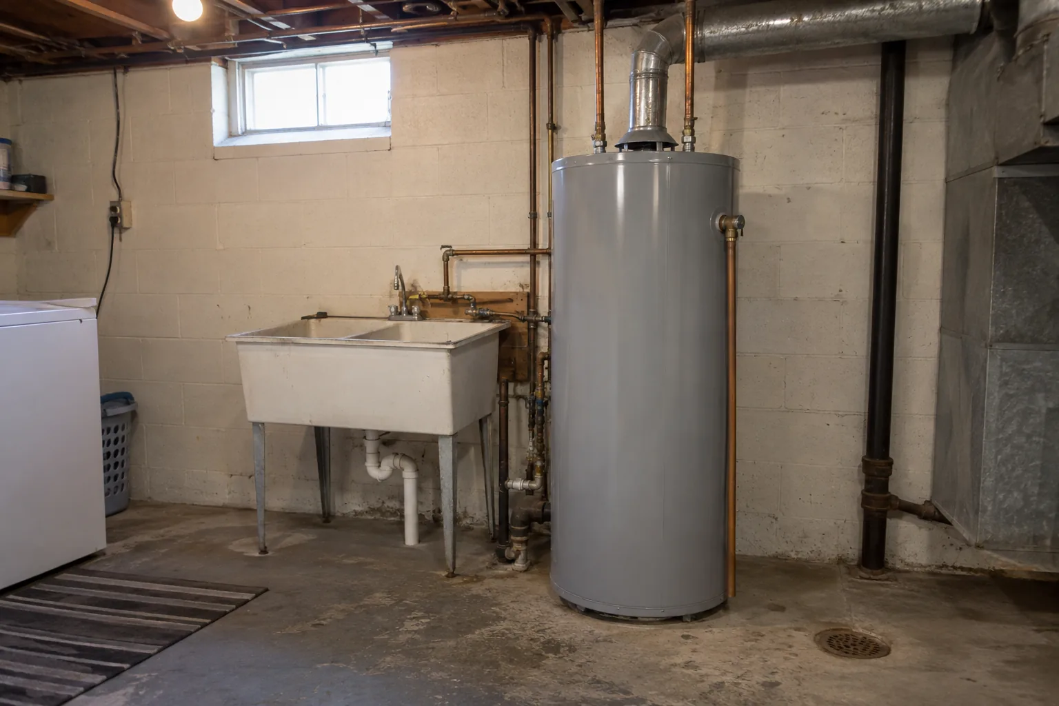 Water heater installed in a basement utility area