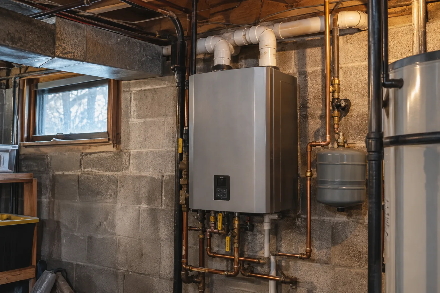 Water heater installed in a basement utility area